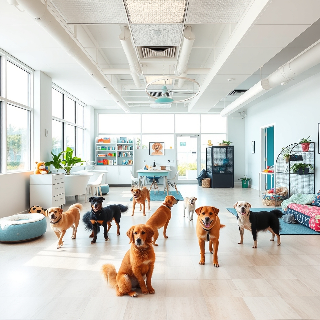 Bright welcoming pet daycare office space with dogs playing indoors, professional facility with toys and comfort areas