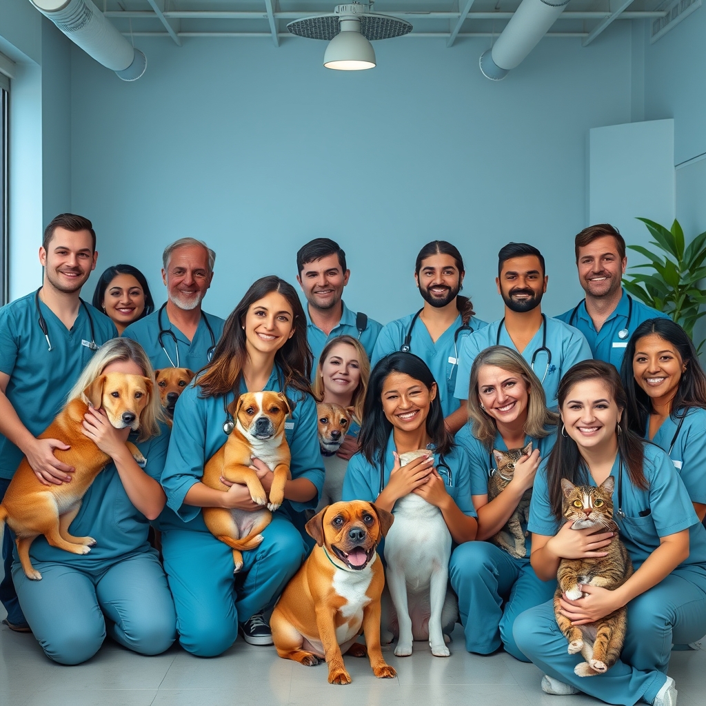 Team of professional pet care specialists in Miami, diverse caretakers with dogs and cats, friendly trustworthy expressions, community-focused interior setting with pet welfare focus