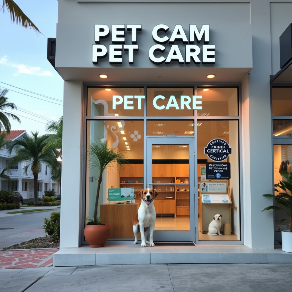 Professional Miami pet care location storefront with welcoming entrance, community neighborhood setting, palm trees and Miami architecture visible, certified professional space