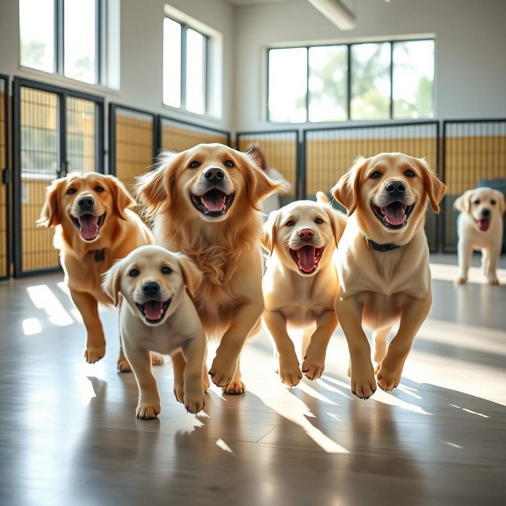 Dogs playing together at a professional daycare facility in Miami