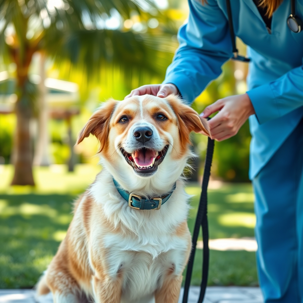 Premium outdoor pet care scene in Miami park, dog enjoying outdoor time with professional caregiver, sunny natural light, beach or greenery backdrop, luxury pet experience