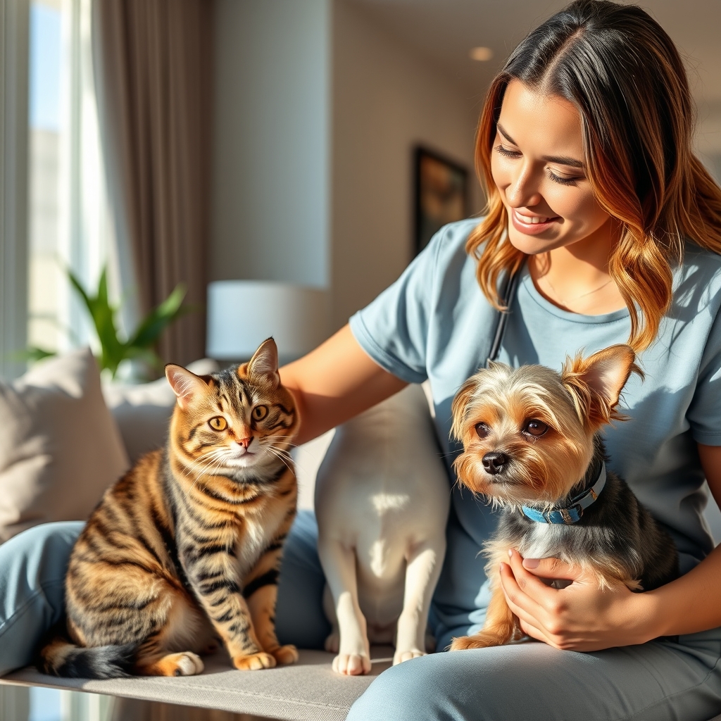 Professional pet sitter caring for tabby cat and small dog in modern bright home