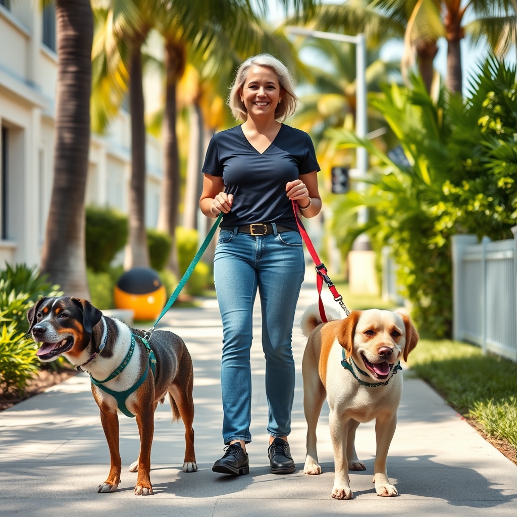 Experienced dog walker with multiple dogs on leashes walking through Miami neighborhood street