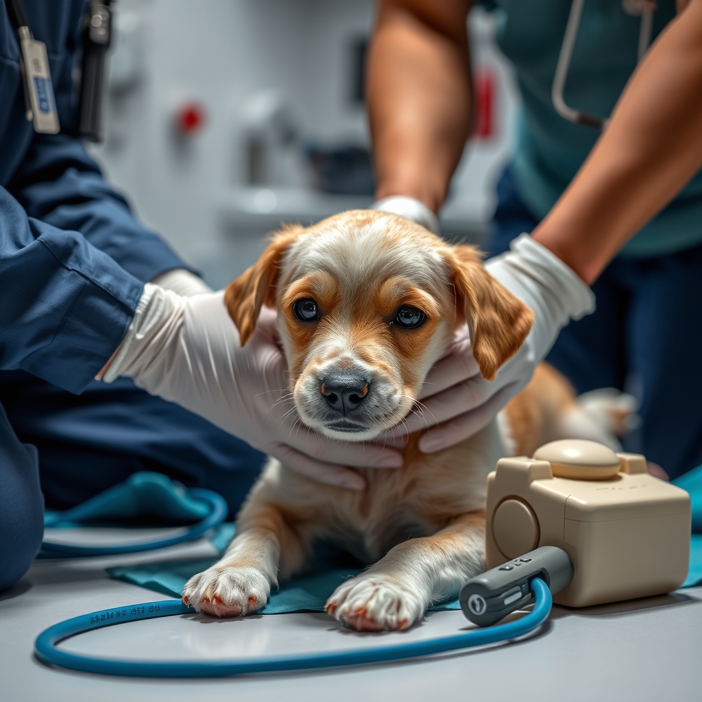Modern emergency pet first aid scene with professional hands administering care