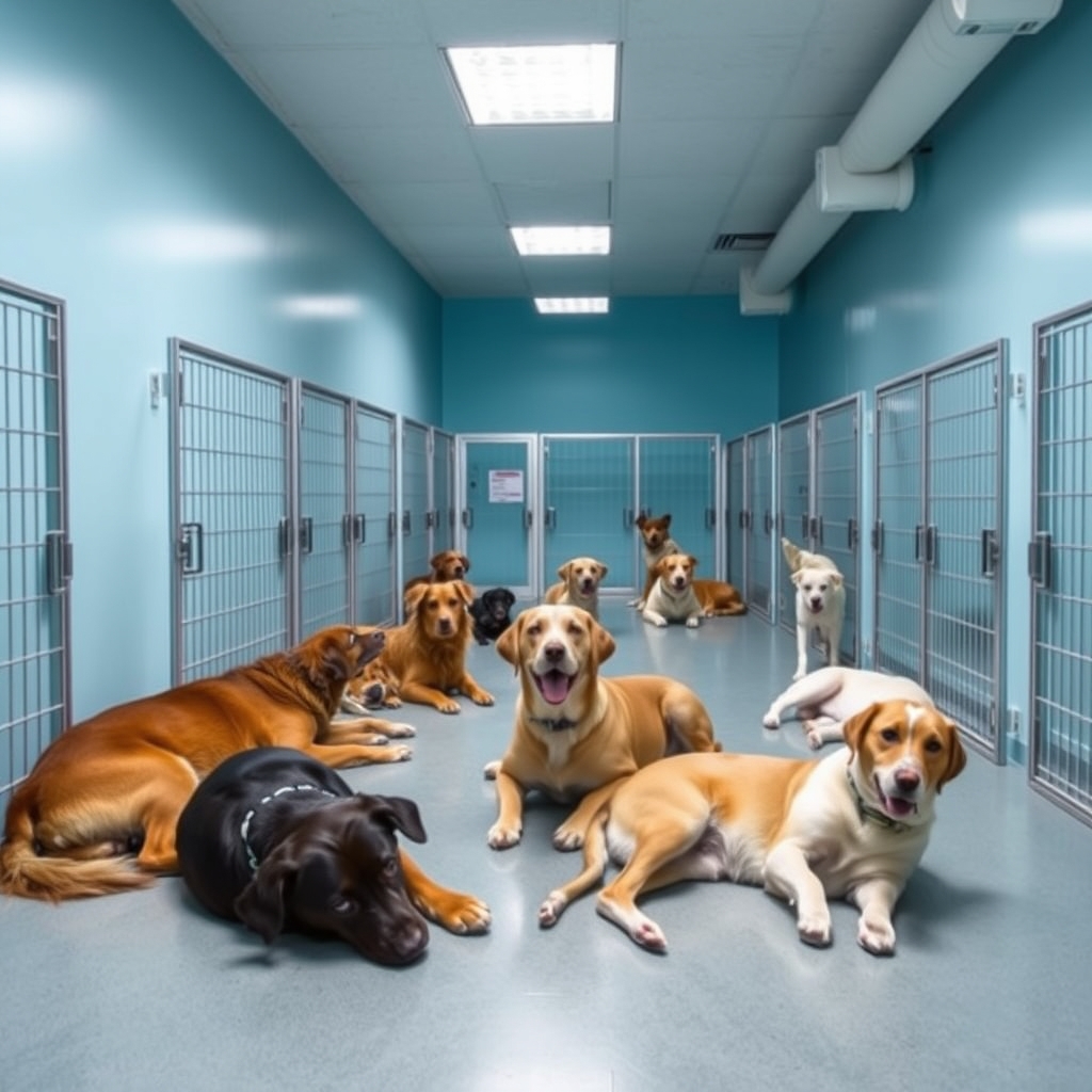 Dogs resting in a professional boarding facility with clean spaces and enclosures