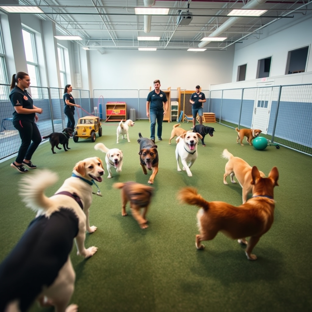 Professional indoor pet play area with dogs in a supervised, safe environment