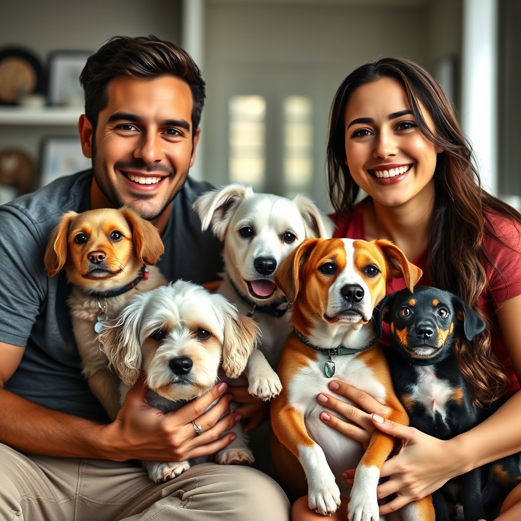 Couple with multiple dogs showing affection and care at home