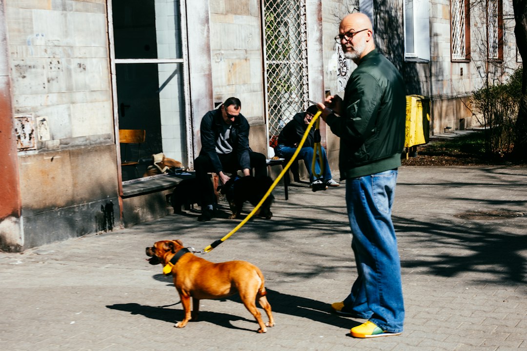 Man holding dog on yellow leash on neighborhood street